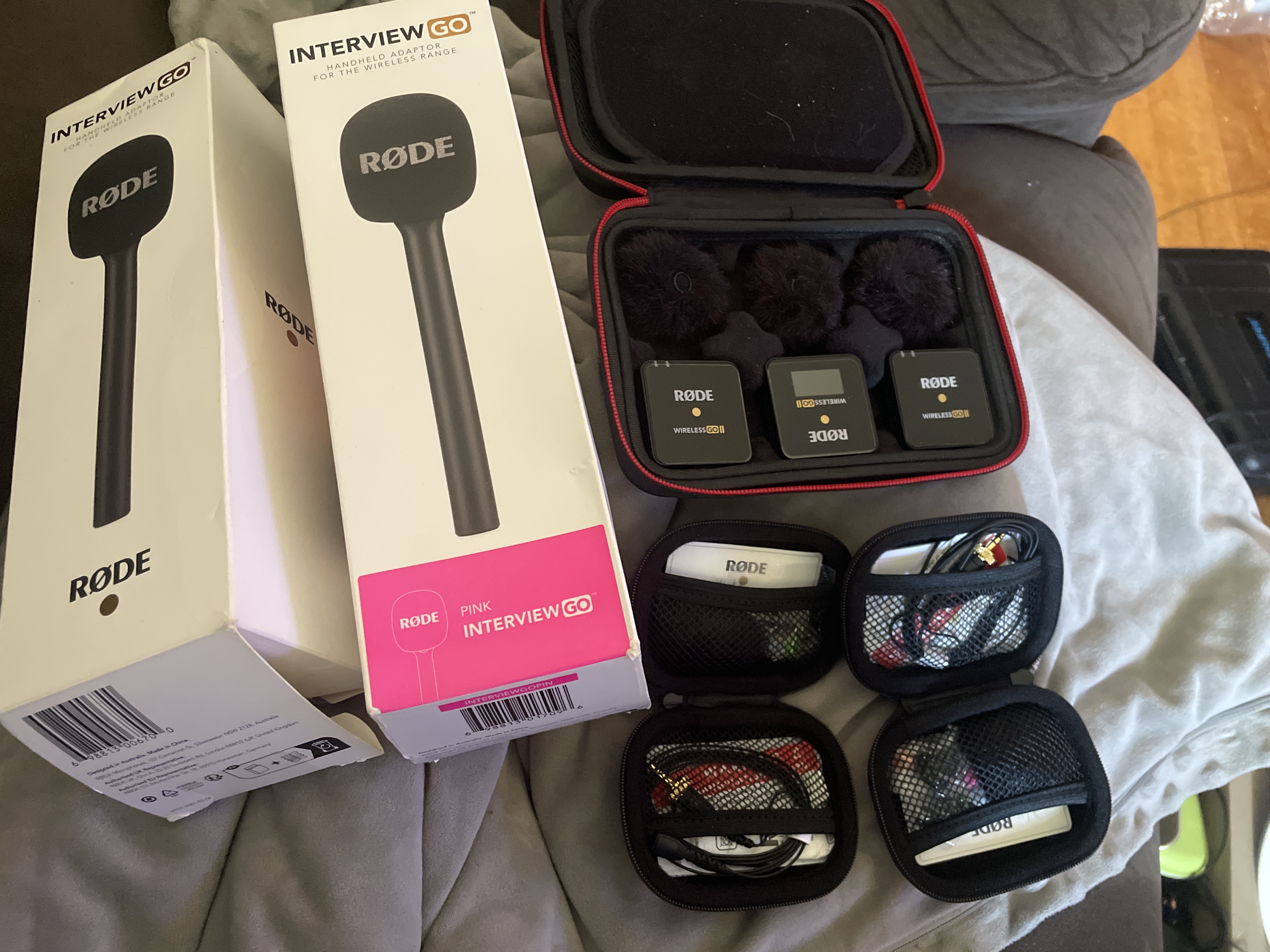 RØDE Wireless GO II Wireless Microphone System w/ Interview GO Adaptor Black And pink plus 2 lapel mics